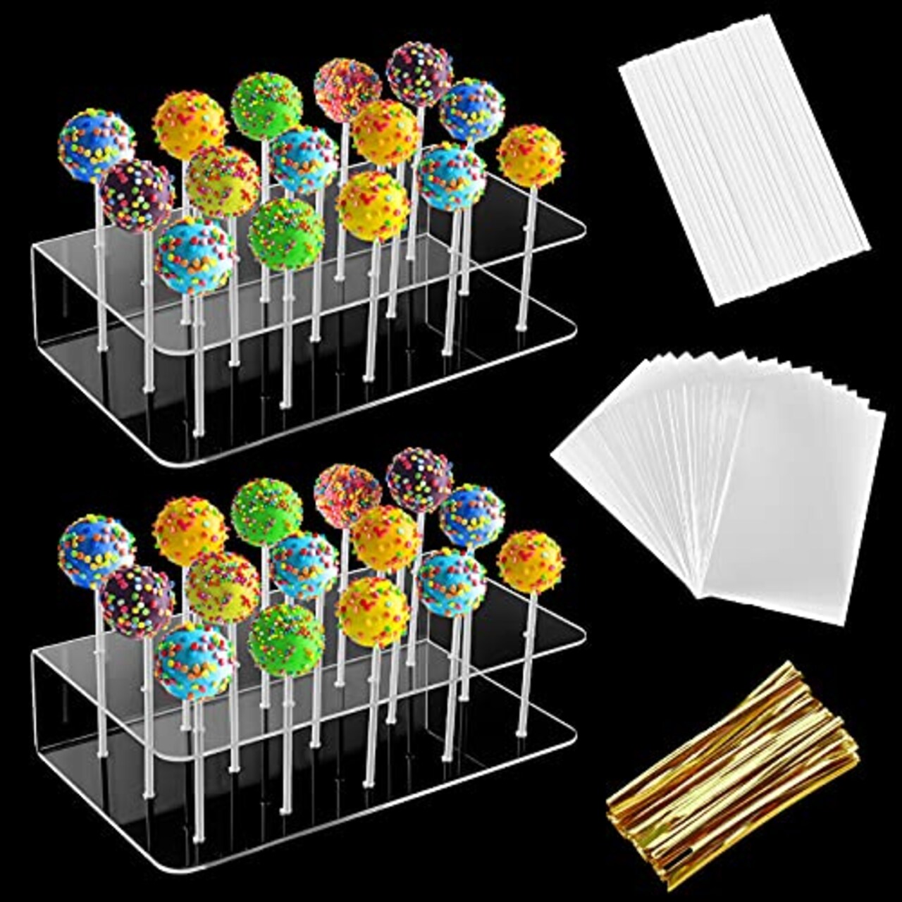 2 Pack Upgraded Acrylic Cake Pop Display Stand 15 Hole Clear Acrylic Lollipop Holder with 50Pcs Lollipop Sticks, 50Pcs Packaging Bags and 50Pcs Gold Metallic Twist Ties